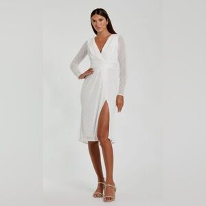 Mac Duggal White Long Sleeve Sequin Midi Dress